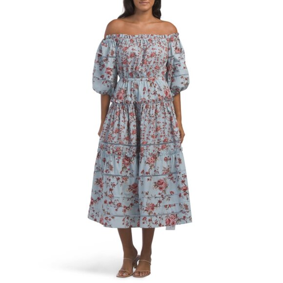 MARCHESA NOTTE Blue/Pink Ayana Midi Dress